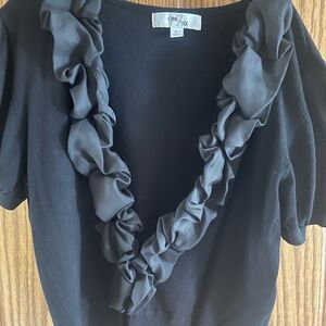 Xl Black Ss Knit Ruffled Silk Sweater
